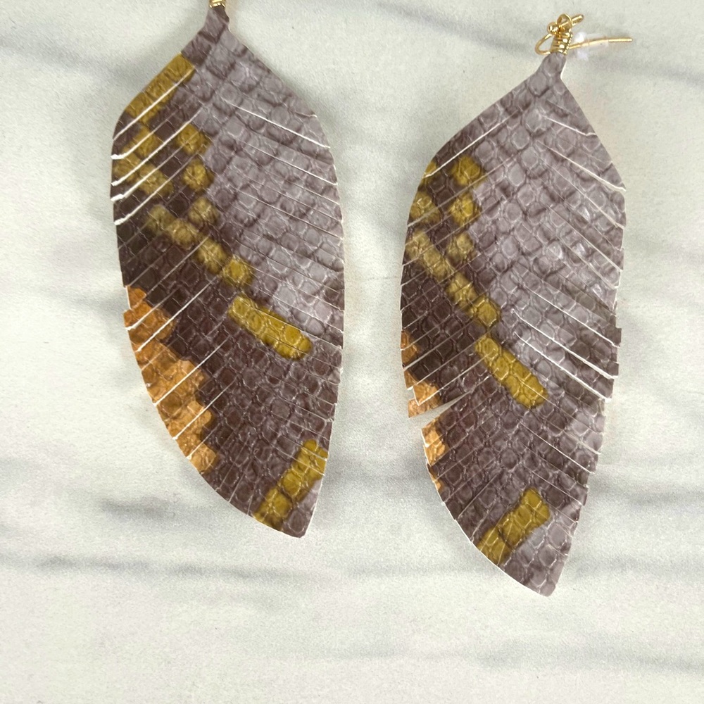 Snakeskin brown grey and mustard leather earrings